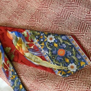 Vintage LEONARD Paris Red Silk Tie with Floral and Bird Design Stunning